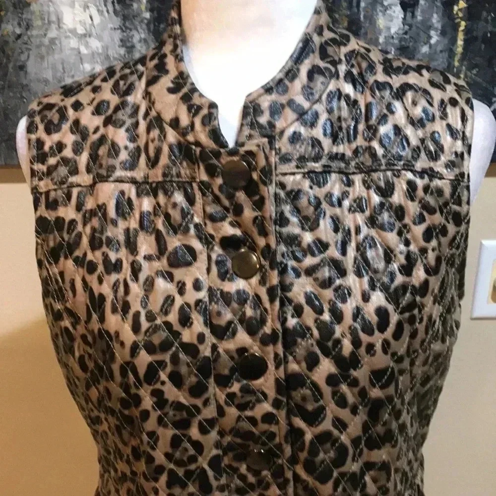 V Cristina Faux Leather Animal Print Vest w/Pockets & Adjustable Tie Belt-Size M
